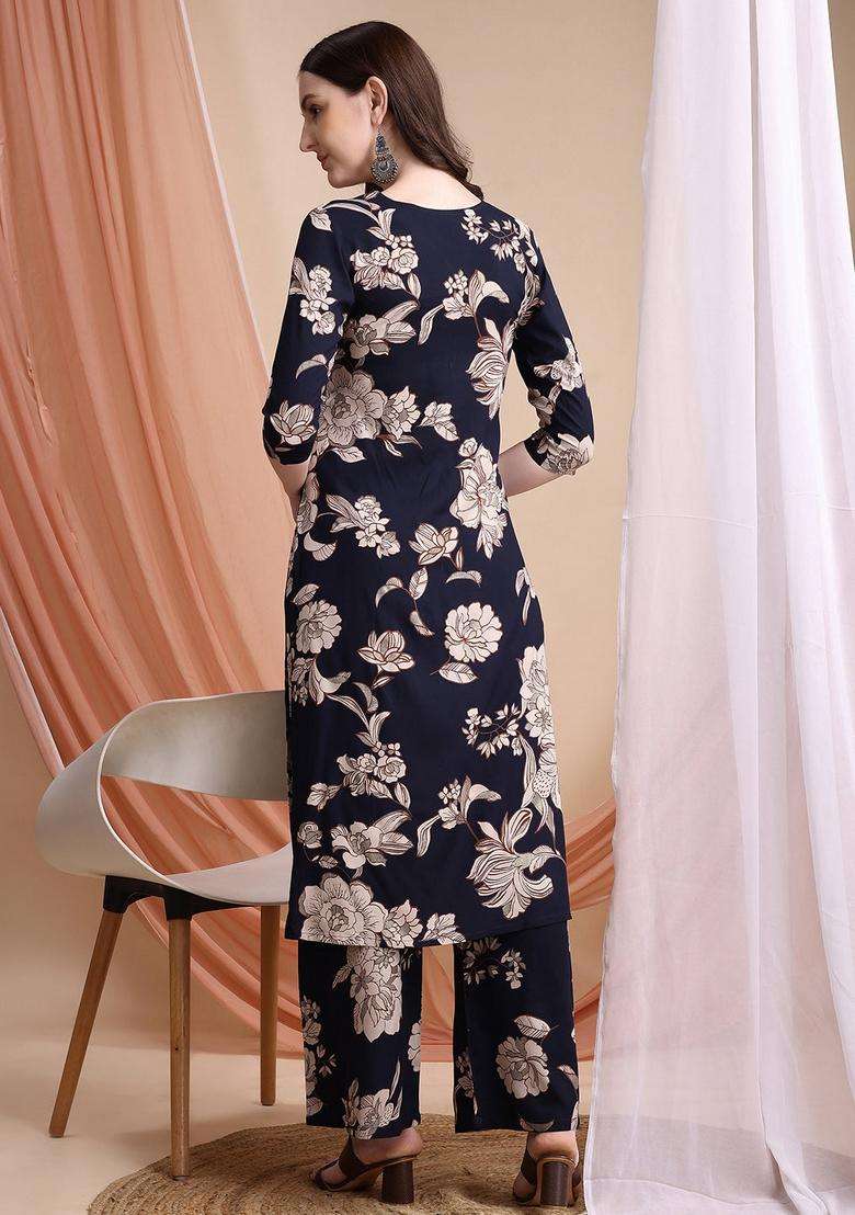 Navy Blue Embroidery Rayon Co Ord Set - Indya