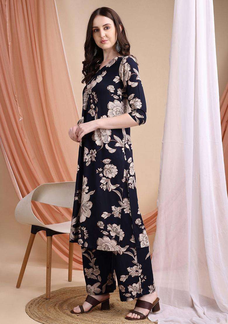Navy Blue Embroidery Rayon Co Ord Set - Indya