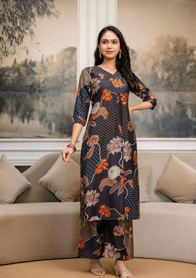 Grey Embroidery Silk Co Ord Set - Indya