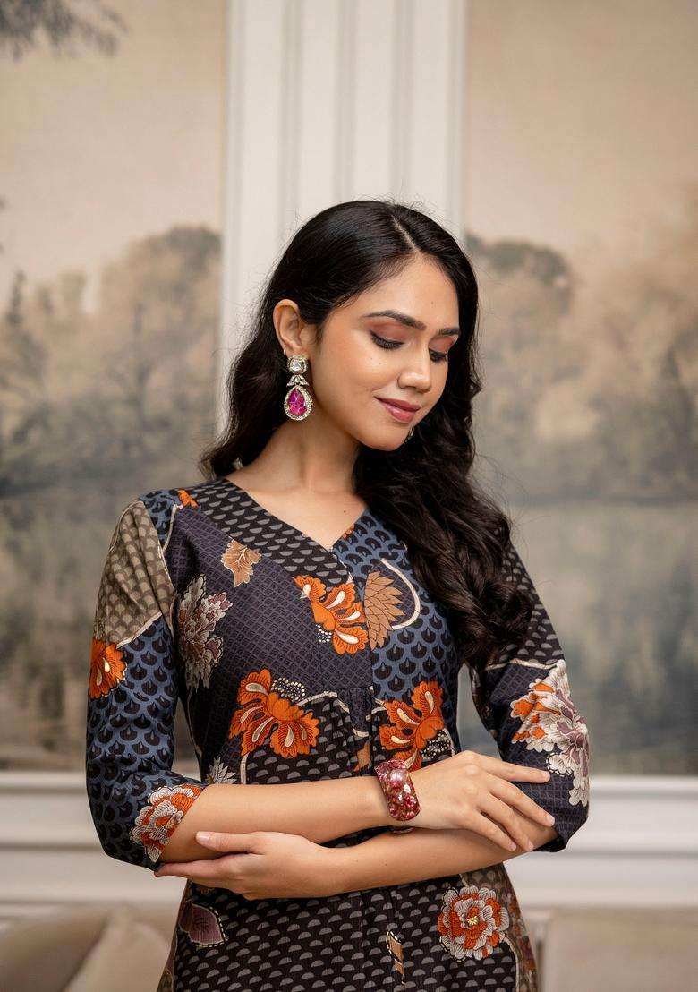 Grey Embroidery Silk Co Ord Set - Indya