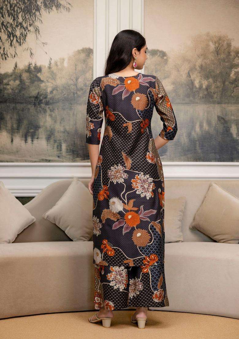 Grey Embroidery Silk Co Ord Set - Indya