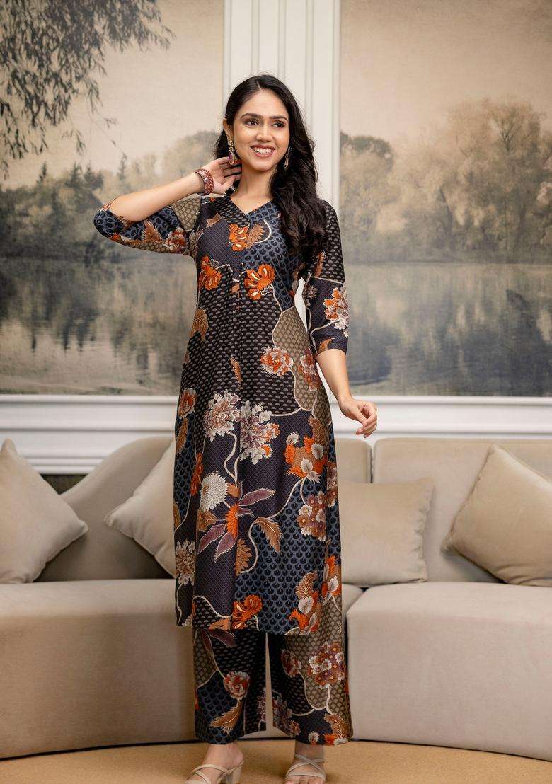 Grey Embroidery Silk Co Ord Set - Indya
