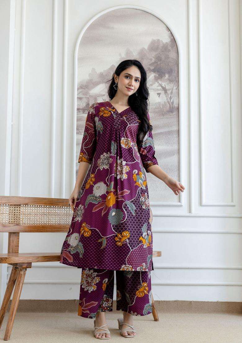 Purple Embroidery Silk Co Ord Set - Indya