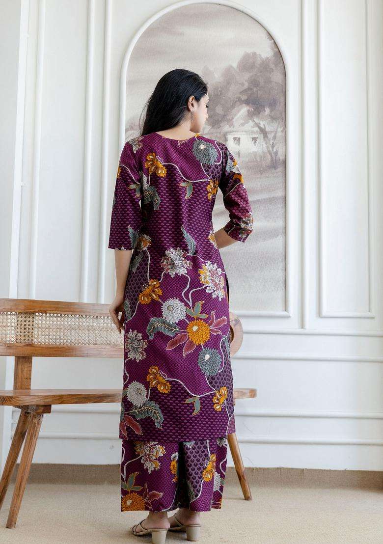 Purple Embroidery Silk Co Ord Set - Indya