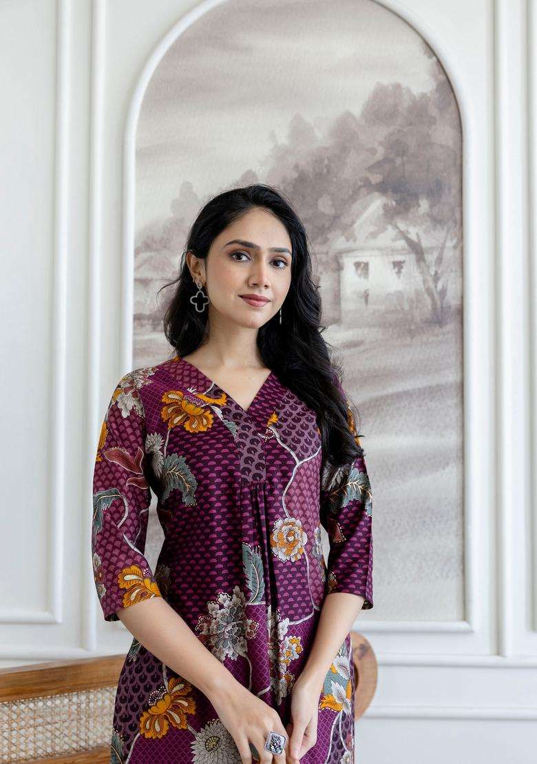 Purple Embroidery Silk Co Ord Set - Indya