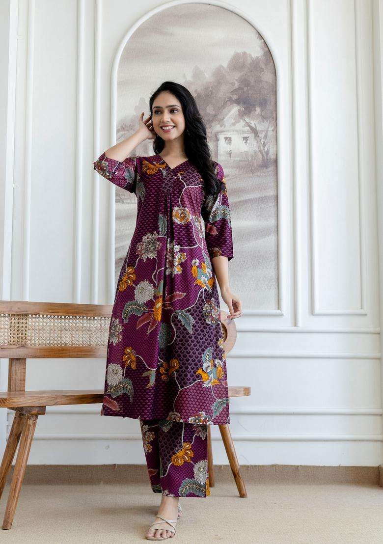 Purple Embroidery Silk Co Ord Set - Indya
