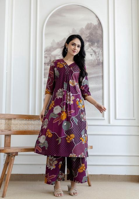 Purple Embroidery Silk Co Ord Set