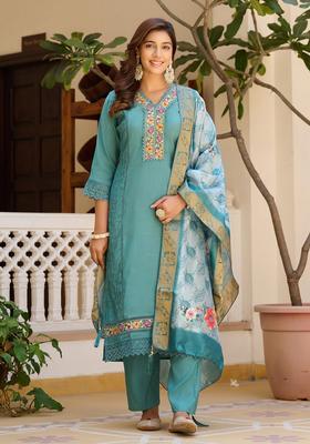 Blue Embroidery Chanderi Co Ord Set