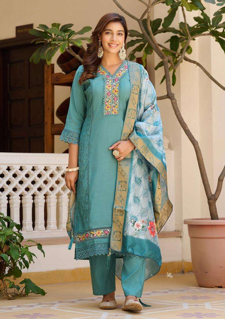 Blue Embroidery Chanderi Co Ord Set - Indya