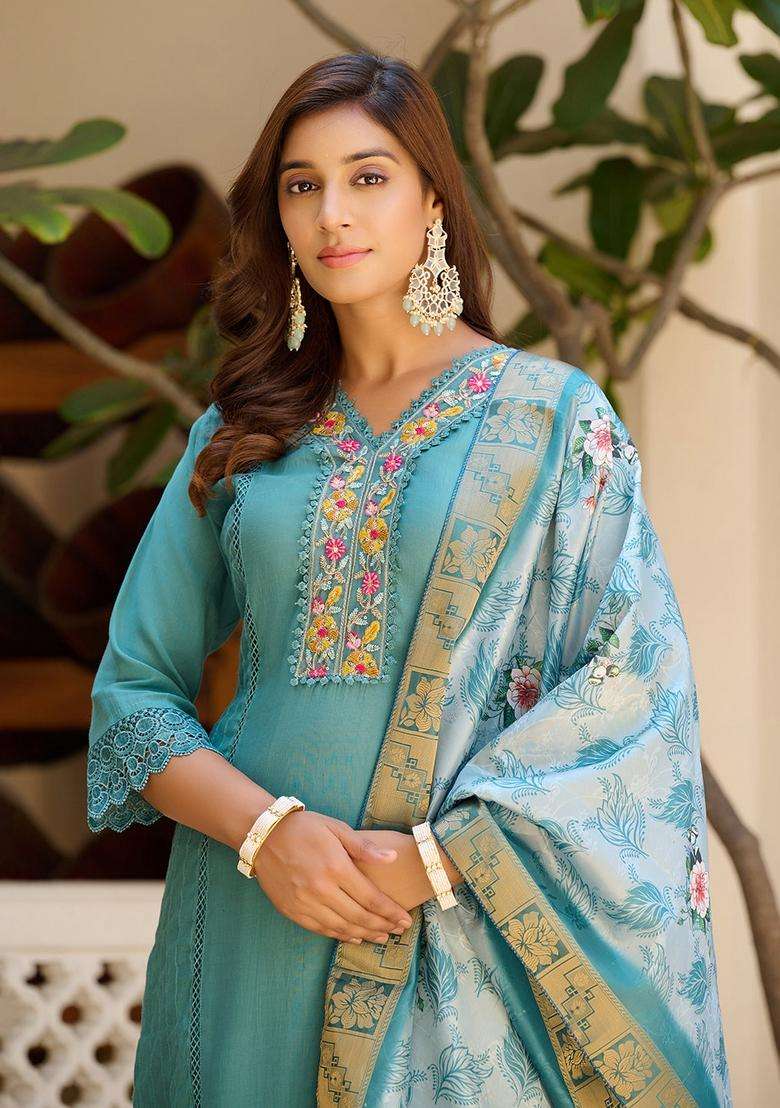 Blue Embroidery Chanderi Co Ord Set - Indya