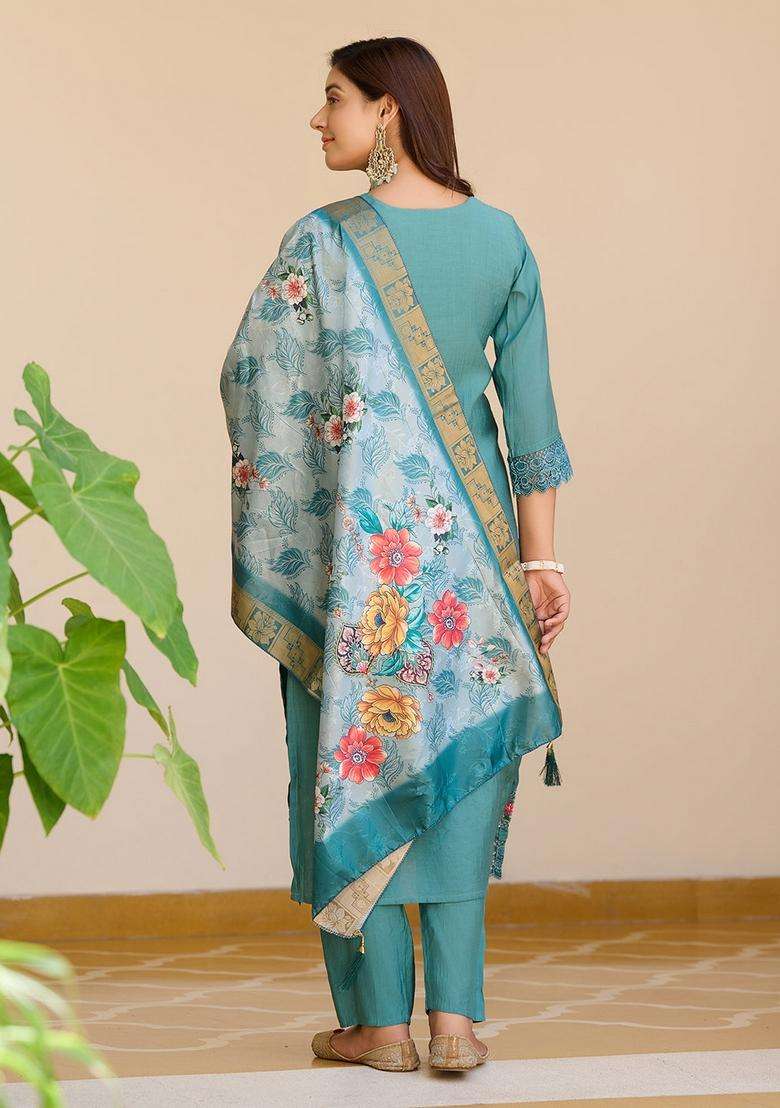 Blue Embroidery Chanderi Co Ord Set - Indya