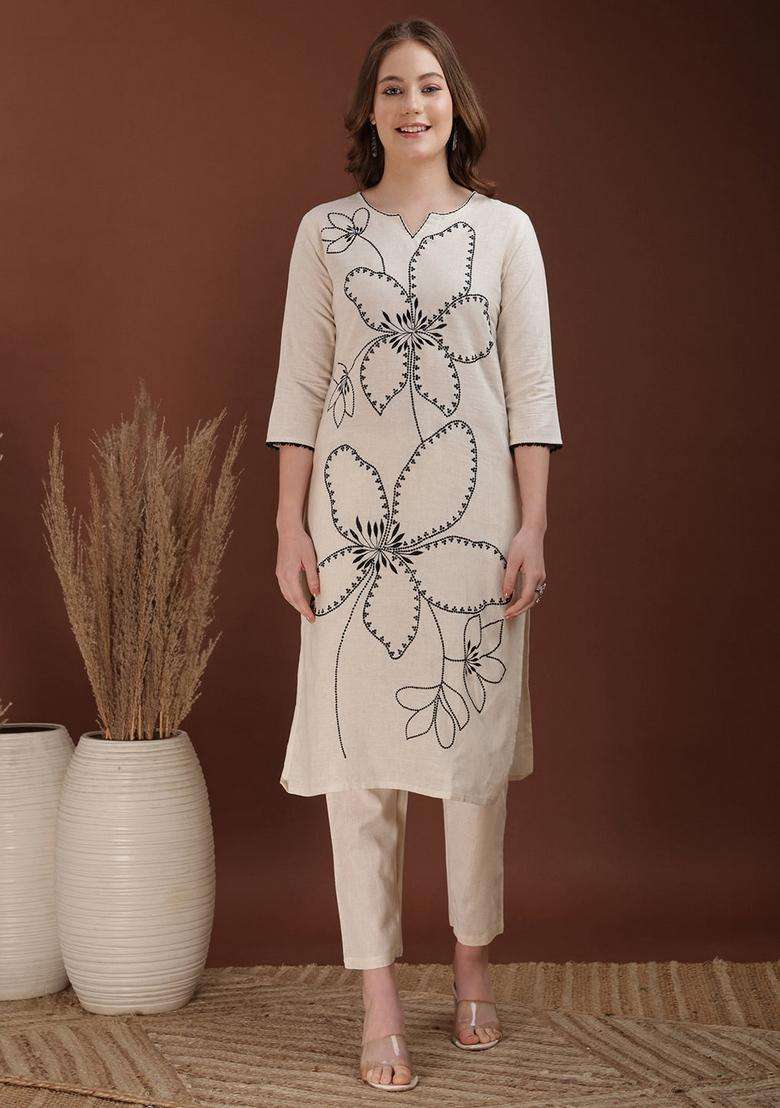 White Embroidery Cotton Co Ord Set - Indya