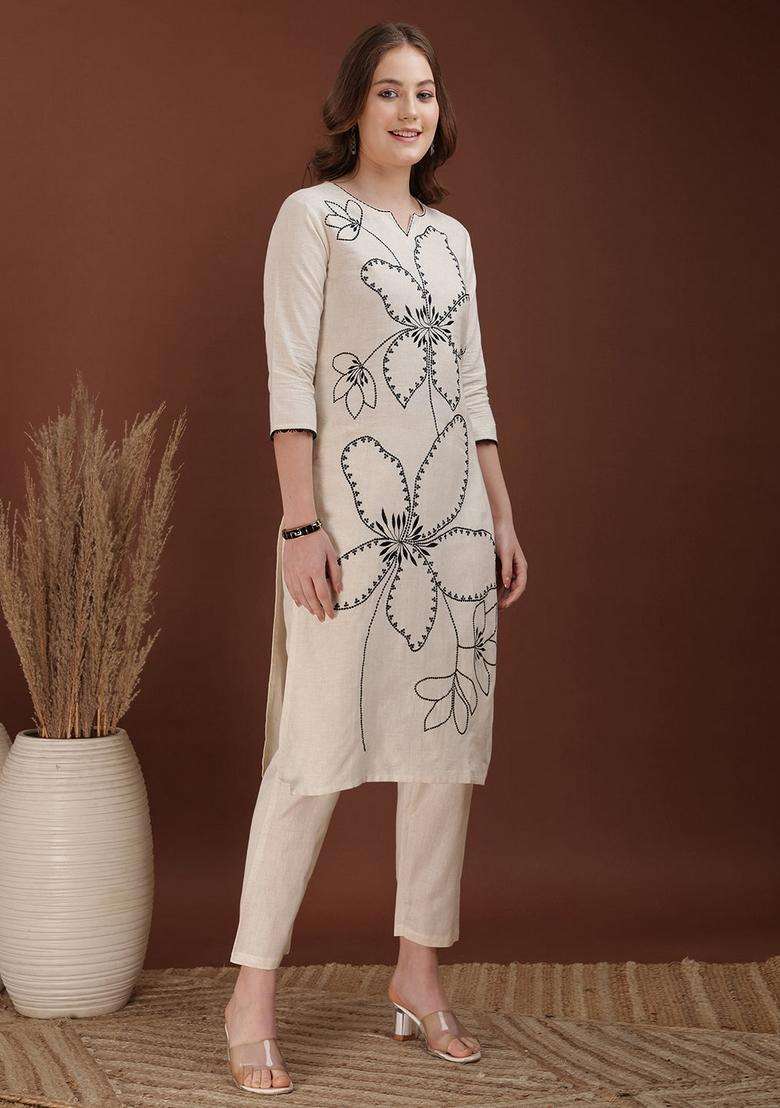 White Embroidery Cotton Co Ord Set - Indya