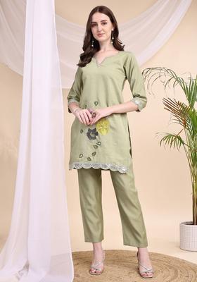 Green Embroidery Chanderi Co Ord Set