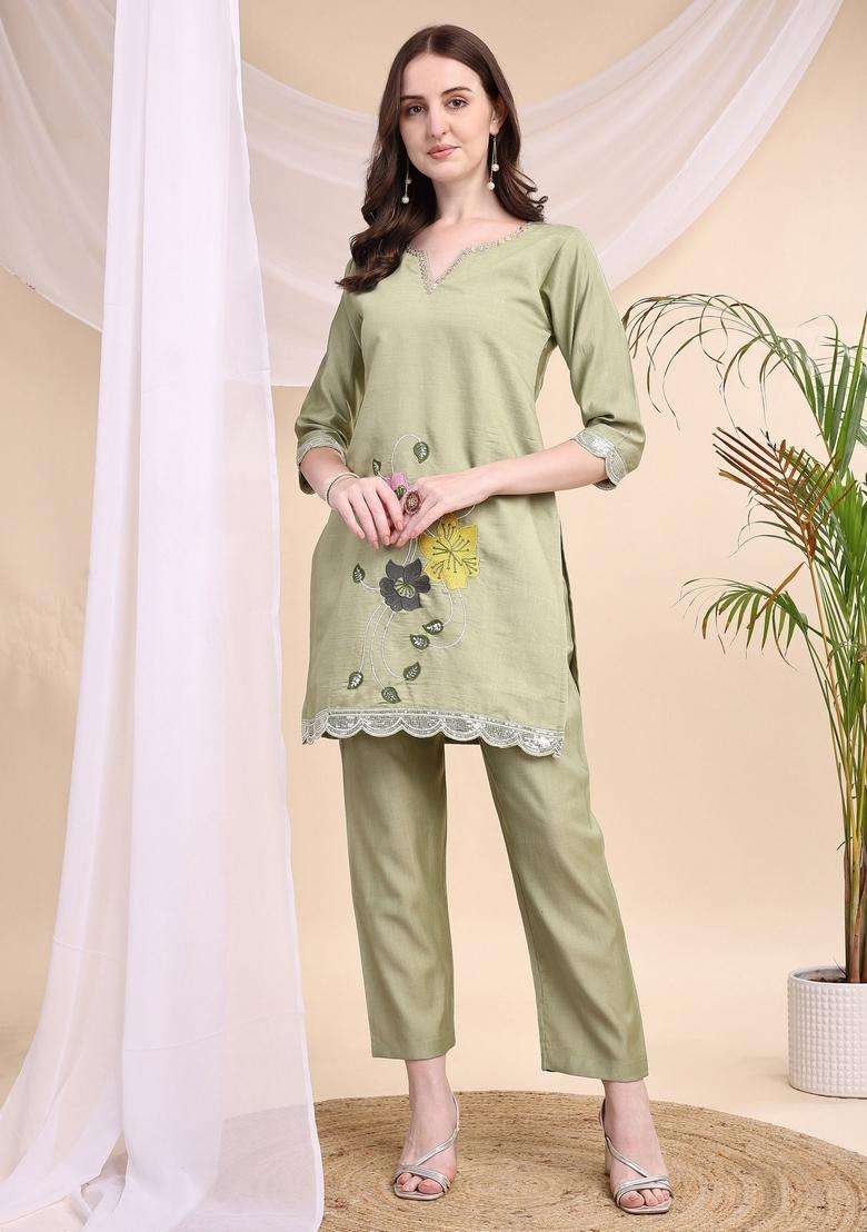 Green Embroidery Chanderi Co Ord Set - Indya