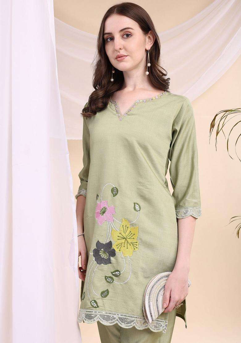 Green Embroidery Chanderi Co Ord Set - Indya