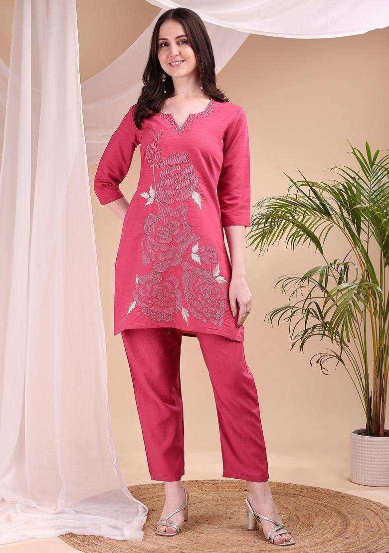 Pink Embroidery Chanderi Co Ord Set - Indya