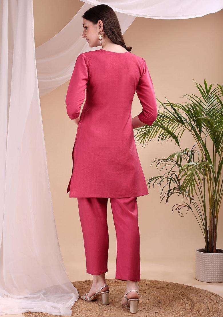 Pink Embroidery Chanderi Co Ord Set - Indya