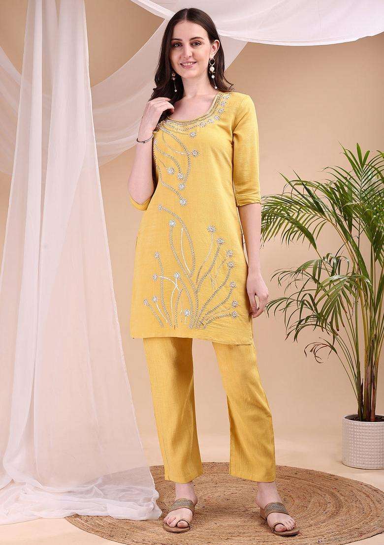 Yellow Embroidery Chanderi Co Ord Set - Indya