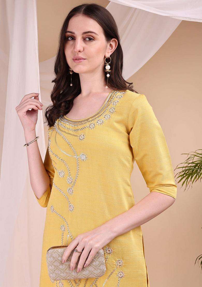 Yellow Embroidery Chanderi Co Ord Set - Indya