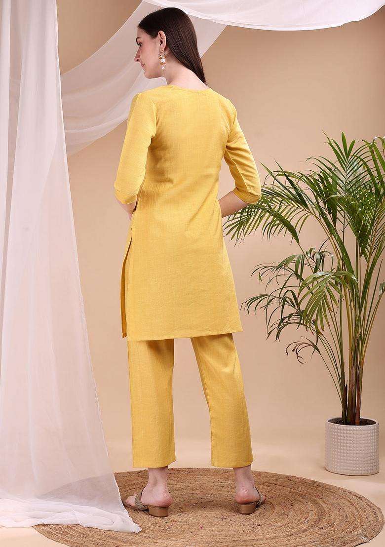 Yellow Embroidery Chanderi Co Ord Set - Indya