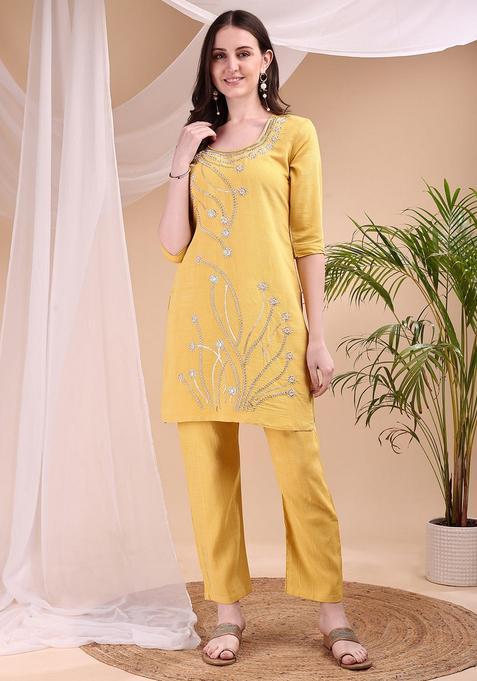 Yellow Embroidery Chanderi Co Ord Set