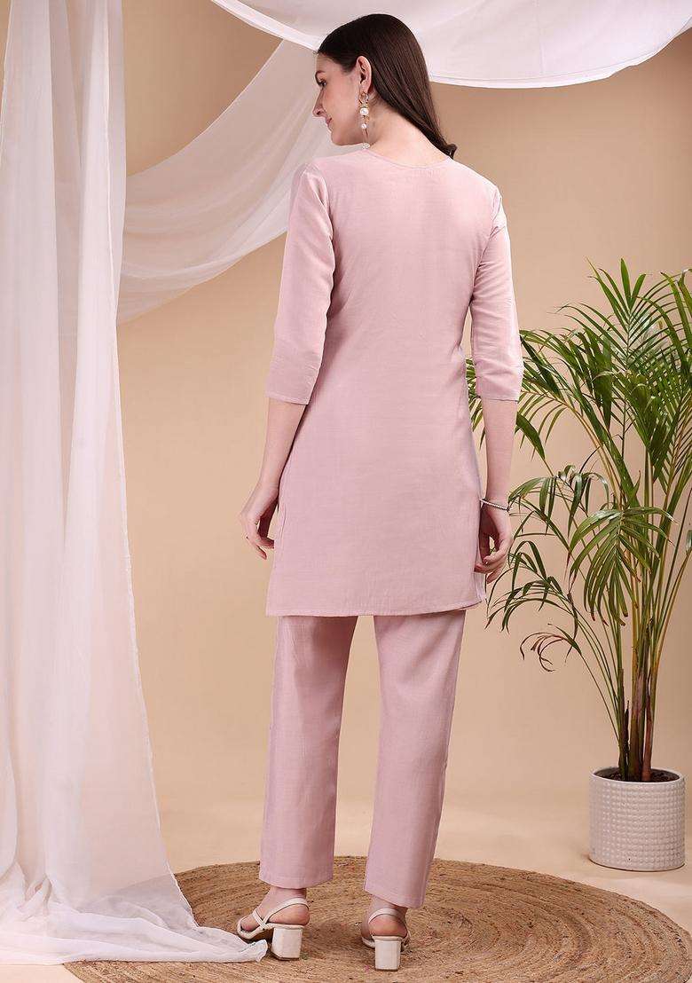 Peach Embroidery Chanderi Co Ord Set - Indya