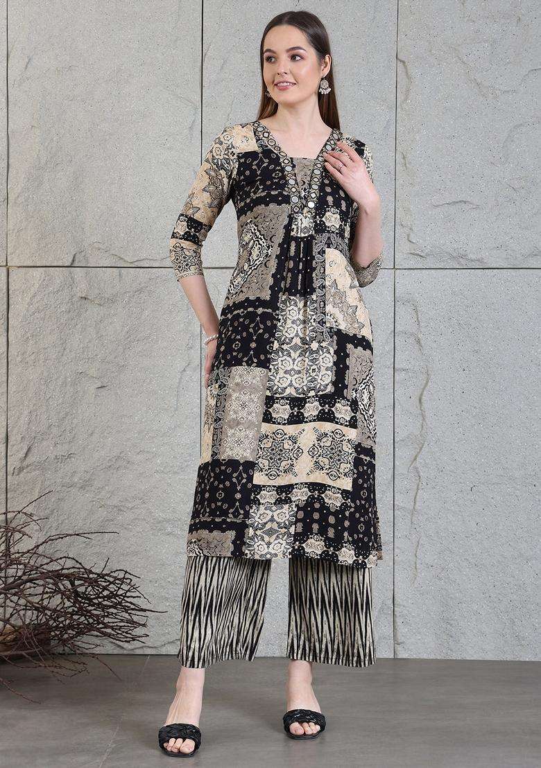 Black Embroidery Rayon Co Ord Set - Indya