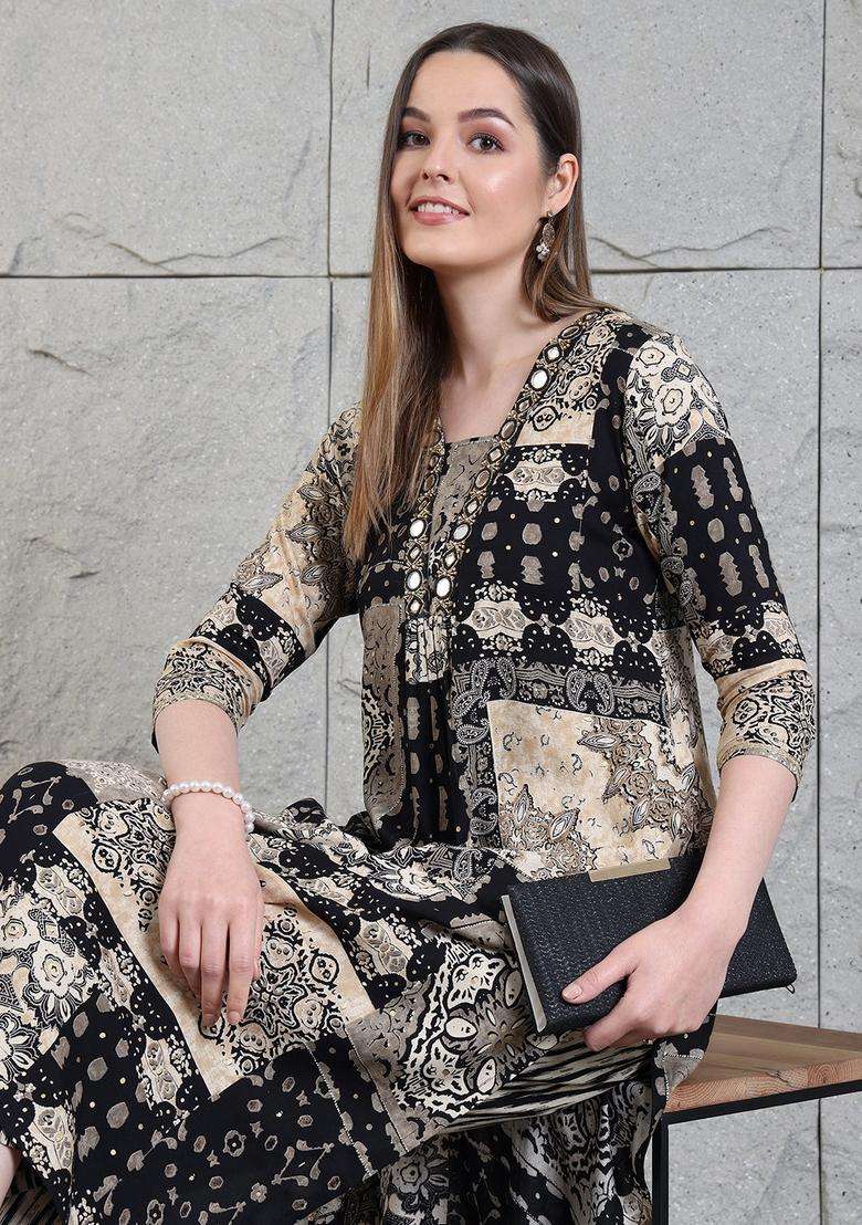 Black Embroidery Rayon Co Ord Set - Indya