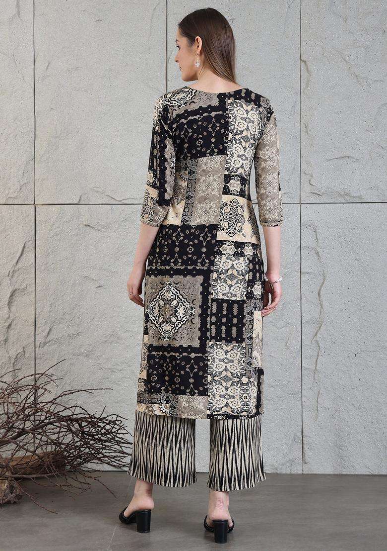 Black Embroidery Rayon Co Ord Set - Indya