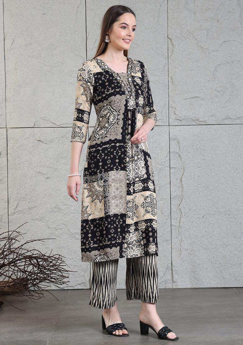 Black Embroidery Rayon Co Ord Set - Indya