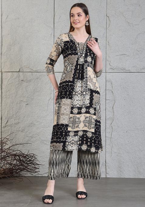 Black Embroidery Rayon Co Ord Set