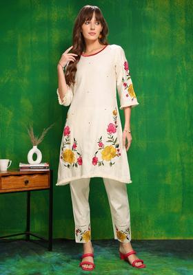 Beige Embroidery Cotton Co Ord Set