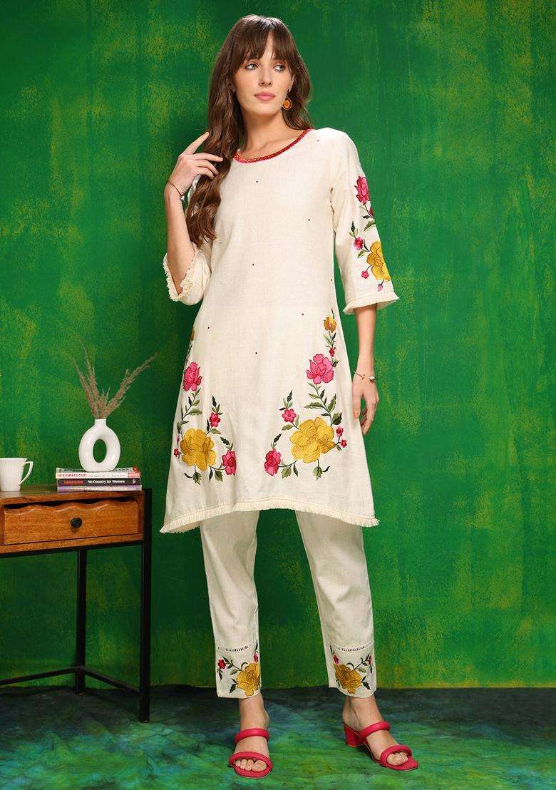 Beige Embroidery Cotton Co Ord Set - Indya