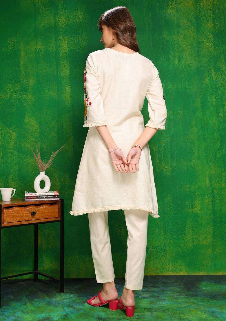Beige Embroidery Cotton Co Ord Set - Indya