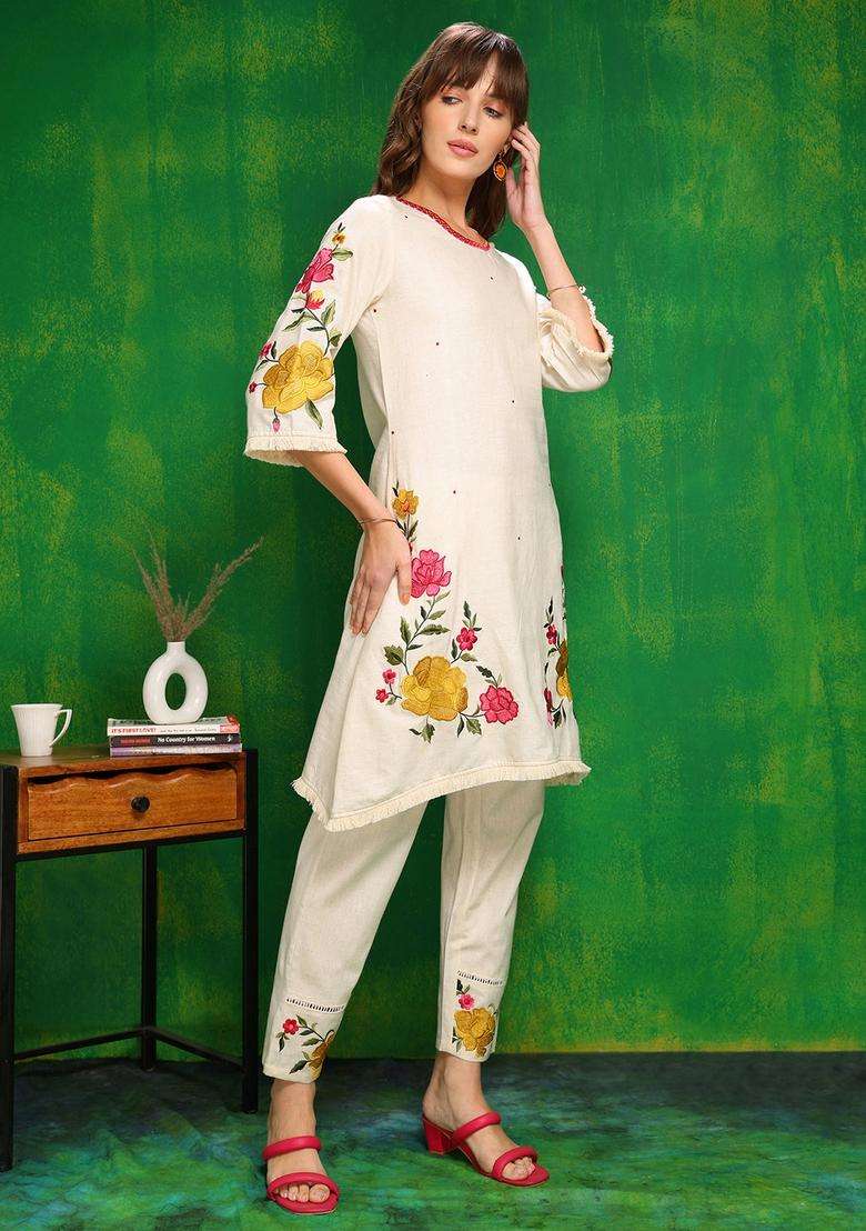 Beige Embroidery Cotton Co Ord Set - Indya