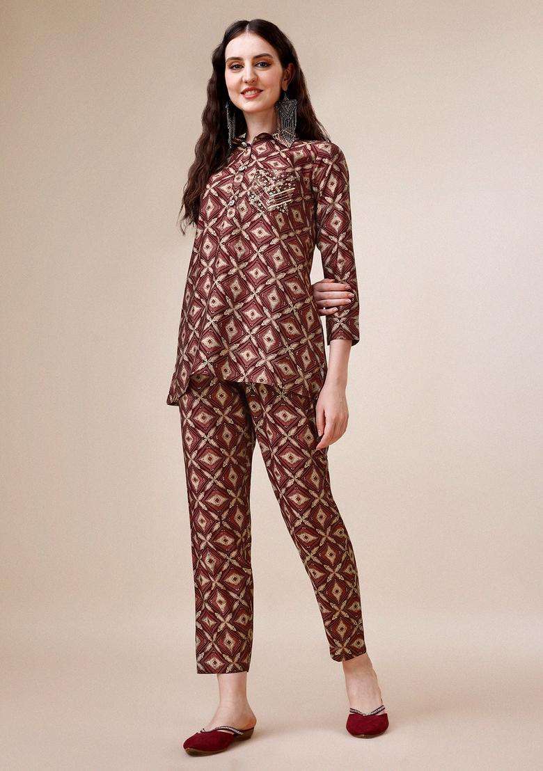 Multicolor Embroidery Rayon Co Ord Set - Indya