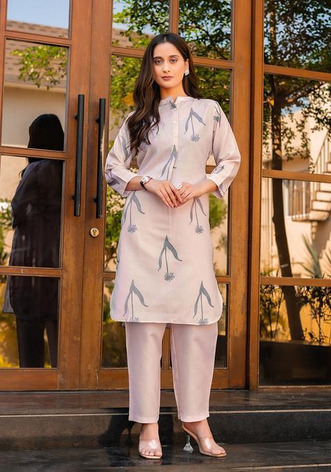 Cream Printred Cotton Kurta Set