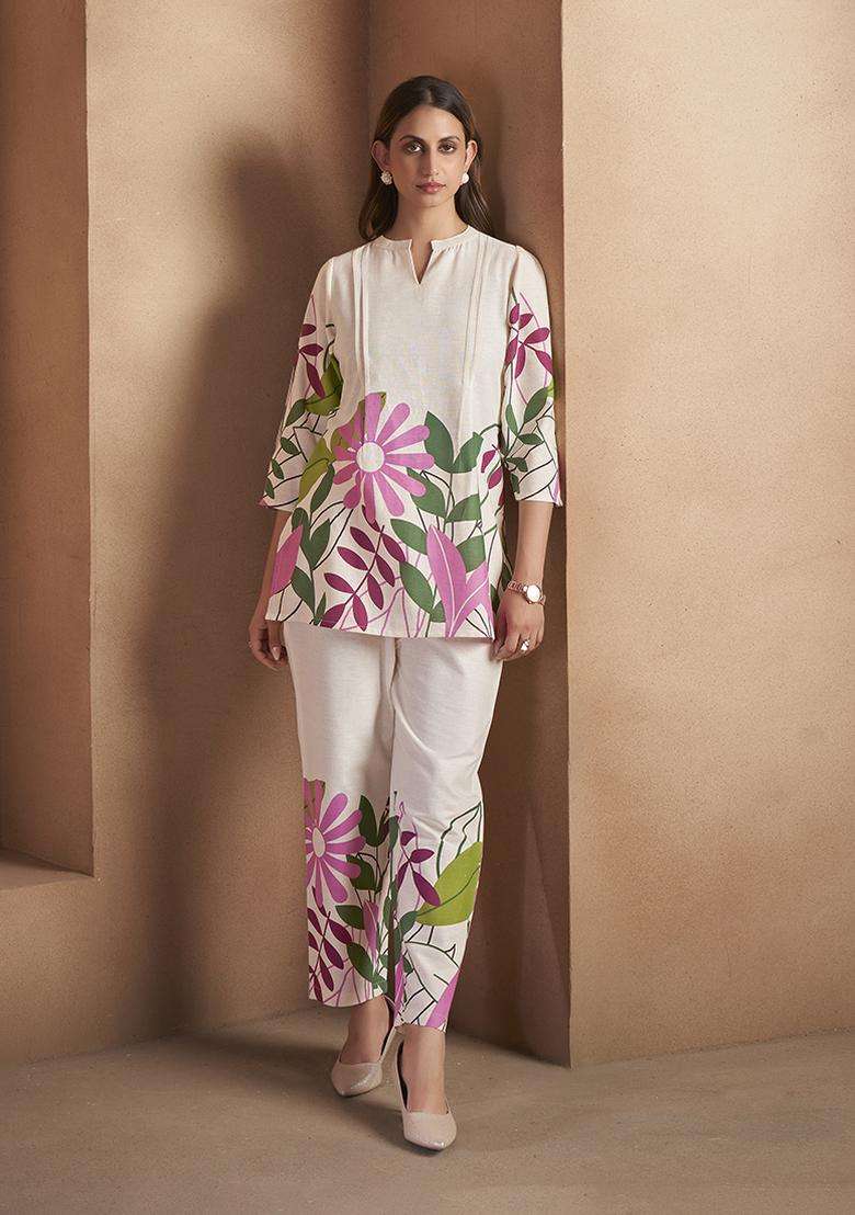 Off White Printed Cotton Kurta Set - Indya
