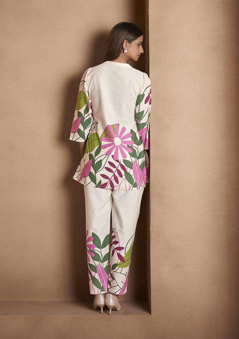 Off White Printed Cotton Kurta Set - Indya