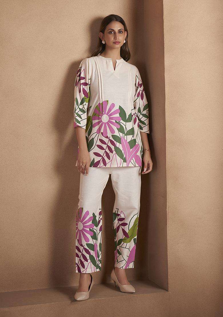 Off White Printed Cotton Kurta Set - Indya