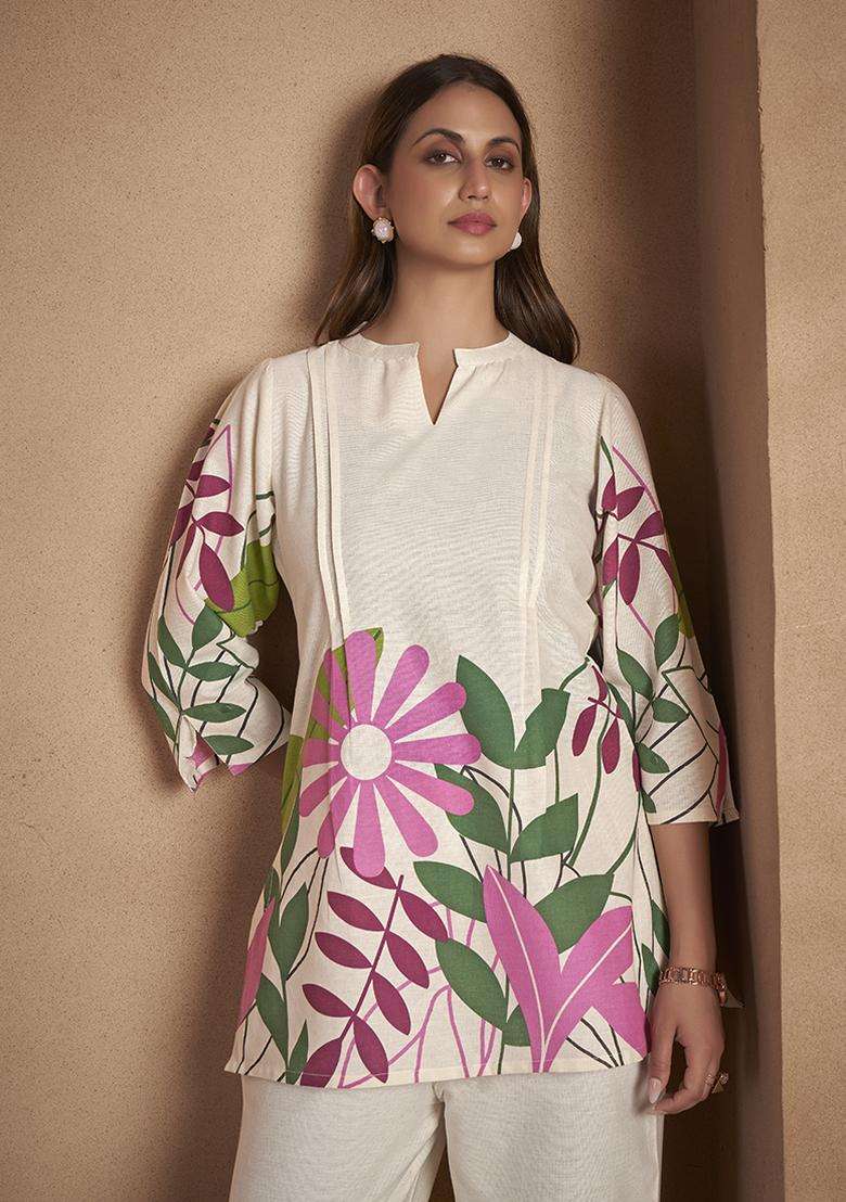 Off White Printed Cotton Kurta Set - Indya
