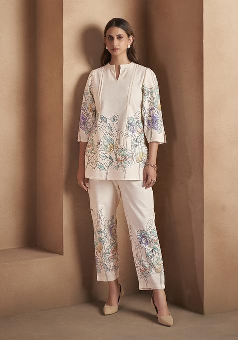 White Printed Cotton Kurta Set