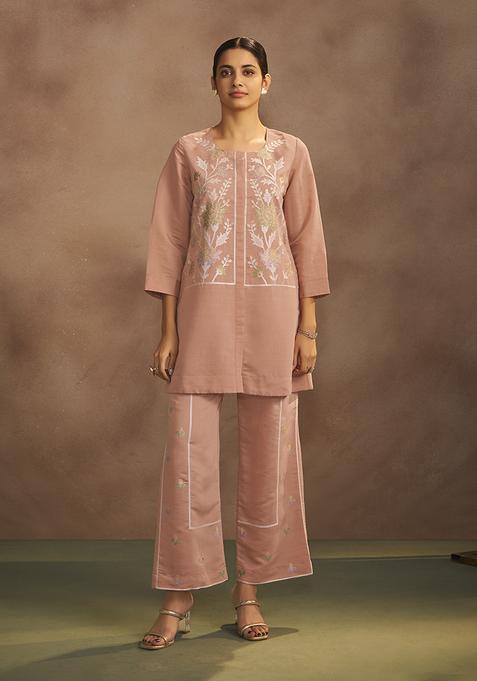 Peach Embroidery Silk Kurta Set