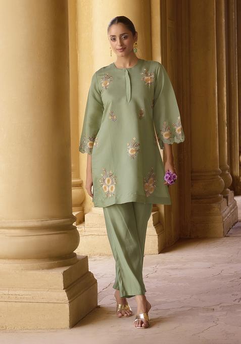 Green Embroidery Silk Kurta Set