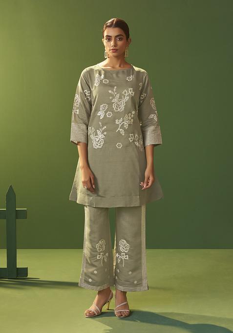 Grey Embroidery Silk Kurta Set
