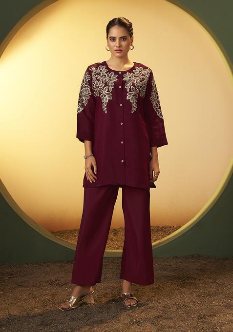 maroon Embroidery Silk Kurta Set