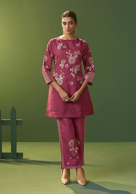 Pink Embroidery Silk Kurta Set