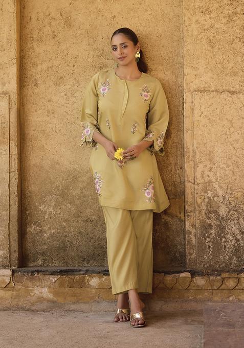 Yellow Embroidery Silk Kurta Set