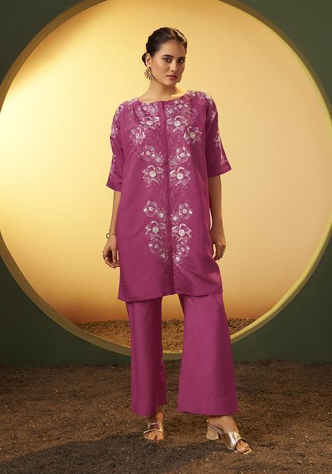 Pink Embroidery Silk Kurta Set